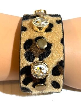 Leopard Print Crystal Stud Wide Cuff Bracelet - Brown